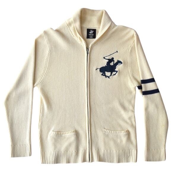 Beverly Hills Polo Club Cream Knit Preppy Nautical Zip Cardigan Size XL - Picture 1 of 8